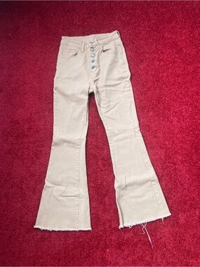 High-Rise Flared Jeans Tan with Silver Buttons Size XS Short